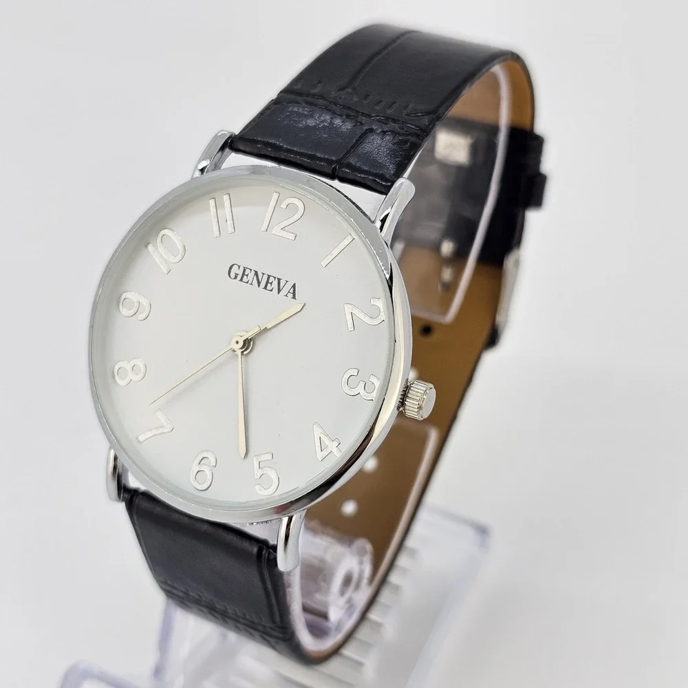 Men's Analog Watch 38MM White Dial Black Faux‎ Leather Bands New Battery